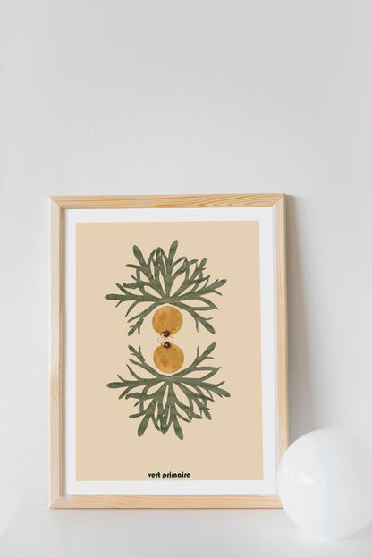 Affiche artistique intitulée 'Chimère 01', réalisée à partir d'un collage numérique de végétaux pressés. L'œuvre représente une symétrie délicate de feuilles vertes et d'éléments floraux jaunes sur un fond beige texturé.