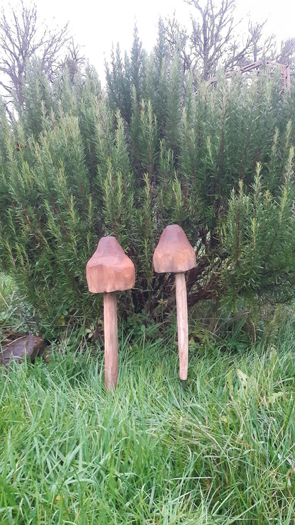 Sculptures de champignons en bois massif, sculptées et poncées à la main, peintes avec des teintes naturelles. Installées devant un arbuste vert, montrant leur design rustique et artisanal.