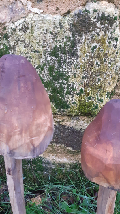 Sculpture de jardin en bois massif - Champignon sculpté et peint - 40 cm