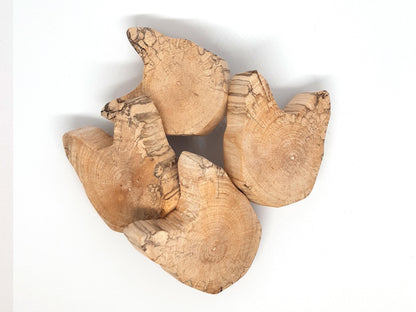 Paire de poignées en bois massif en forme de tête de chat, sculptées à partir de rondins de bois naturel avec leurs cernes visibles. Sur des portes blanches, elles apportent une touche artisanale et originale au mobilier. Fabrication artisanale