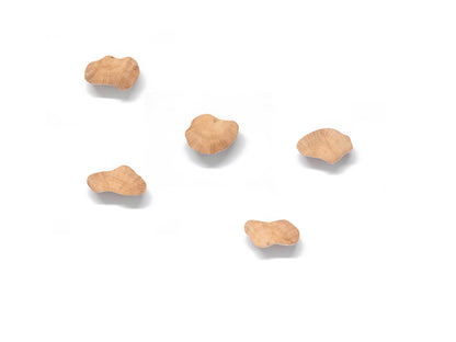 Paire de boutons de meuble en bois naturel, aux formes organiques et irrégulières, fabriqués artisanalement dans un atelier bourguignon. Ces accessoires multifonctions peuvent être utilisés comme poignées pour meubles ou comme patères murales décoratives, mettant en valeur le charme du bois local.